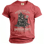 Red t-shirt with text "Wicked Good Time Before the Ring" and a witch illustration.