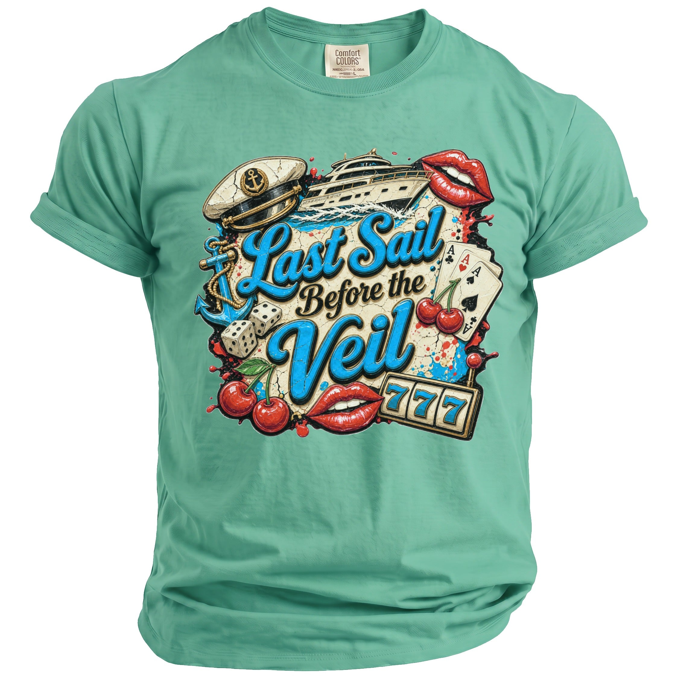 Teal short-sleeve t-shirt with a vintage graphic featuring nautical elements, playing cards, and text reading "Last Sail Before the Veil".