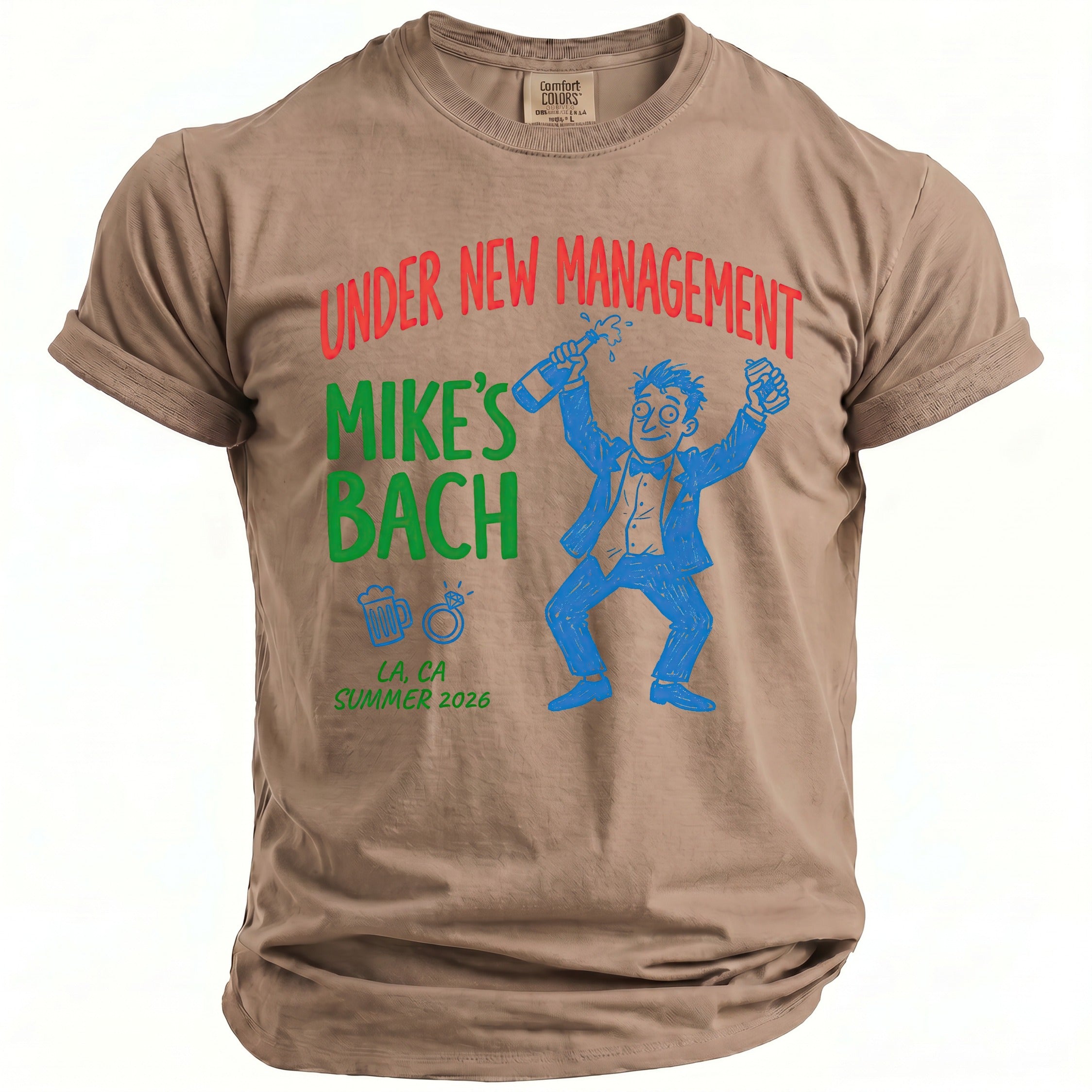 T-shirt with "Under New Management Mike's Bach LA, CA Summer 2026" graphic.
