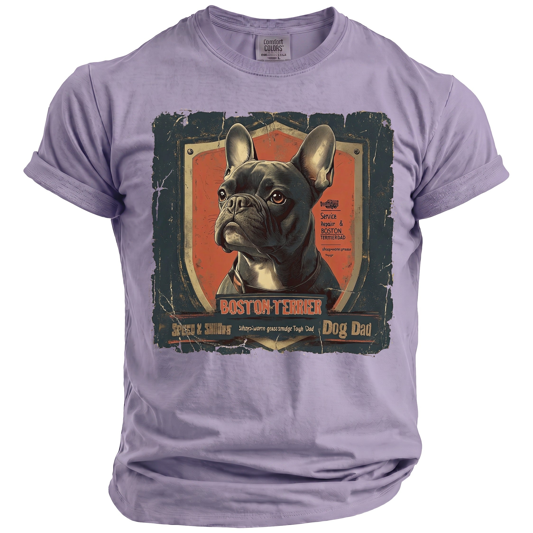 Purple t-shirt with a distressed graphic of a Boston Terrier dog and text.