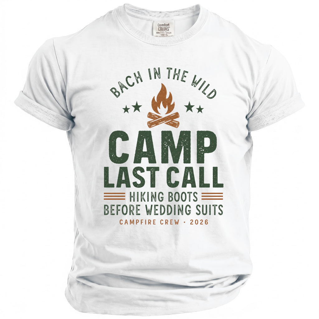 White t-shirt with "Camp Last Call" graphic featuring campfire and text.