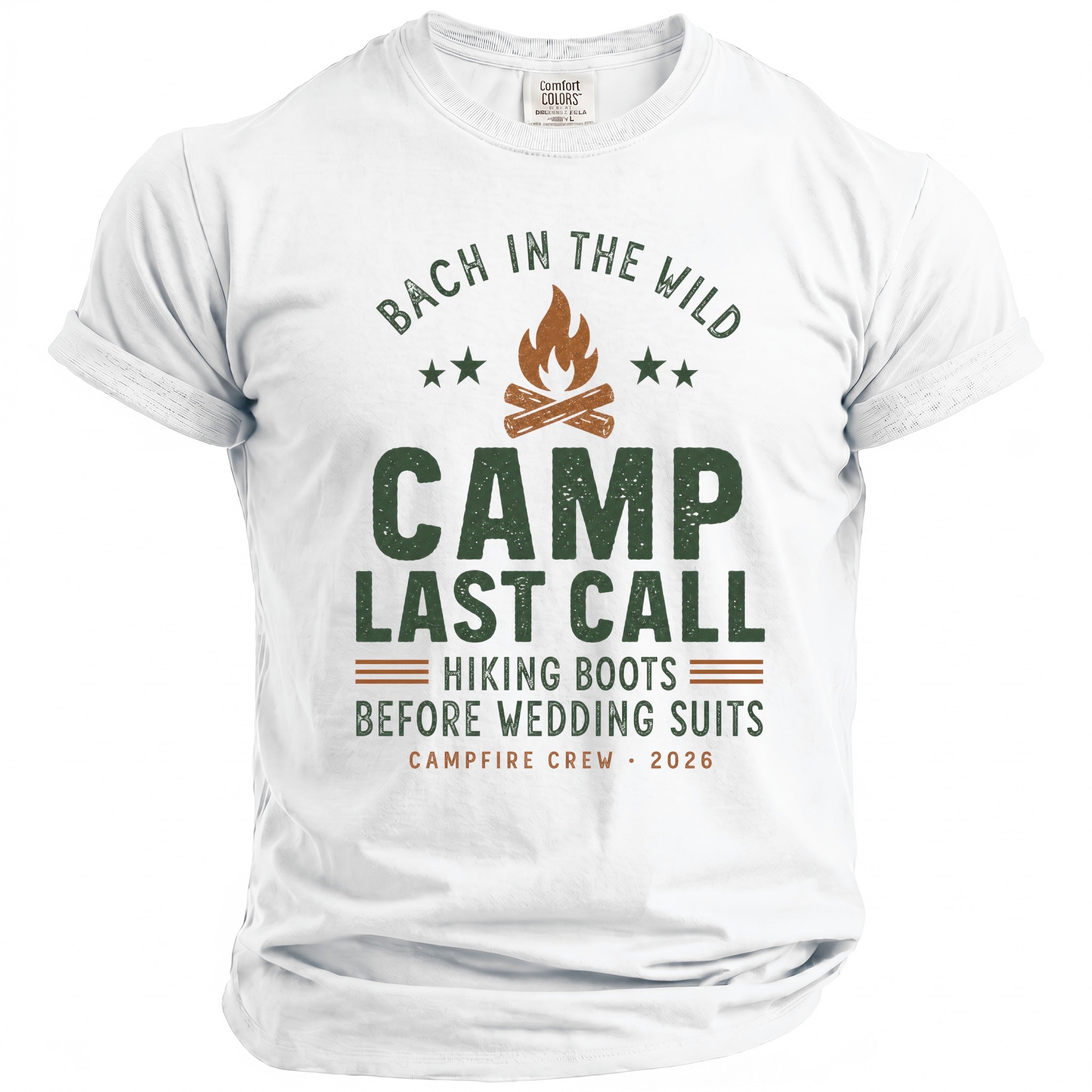 White t-shirt with "Camp Last Call" graphic featuring campfire and text.