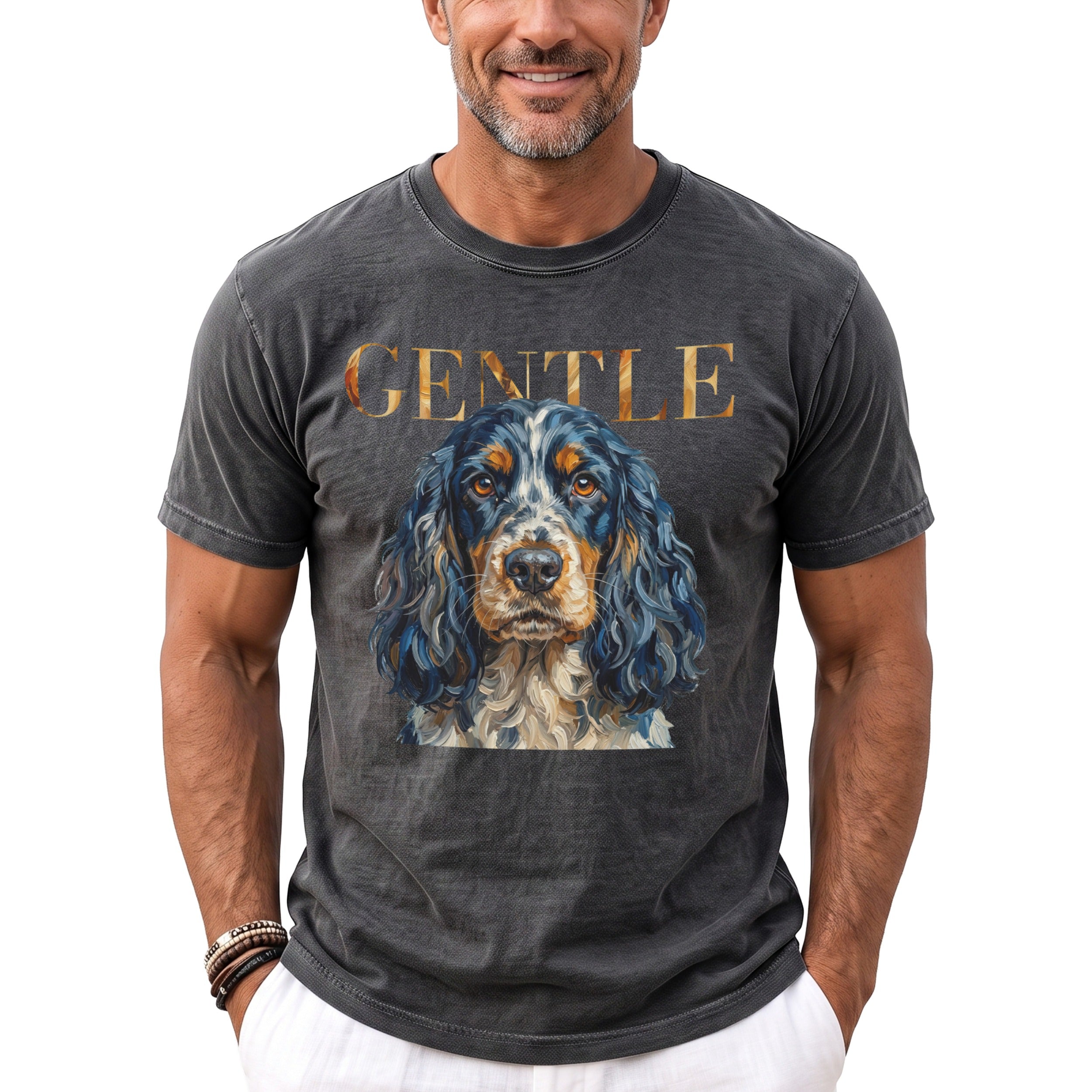 Dark t-shirt with a dog portrait and the word "GENTLE" printed on it.