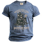 Blue Comfort Colors t-shirt with "Wicked Good Time Before the Ring" and "Bachelor Party" text.