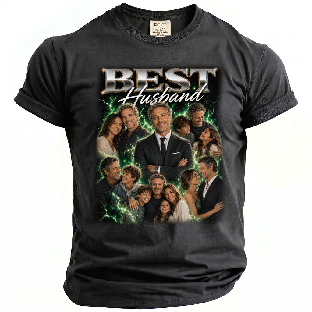 Dark t-shirt with "BEST Husband" text and collage of family photos.
