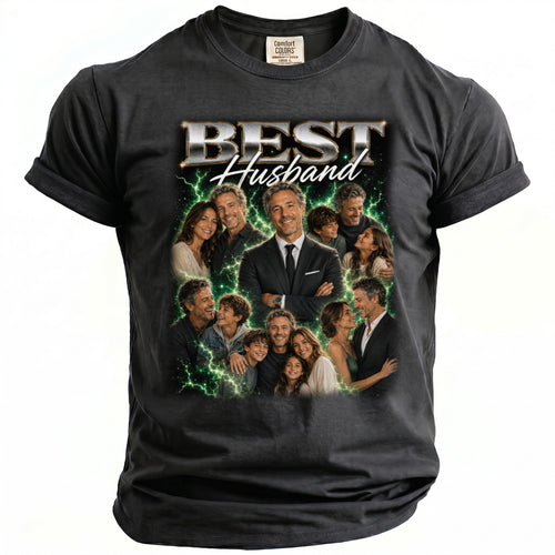 Dark t-shirt with "BEST Husband" text and collage of family photos.