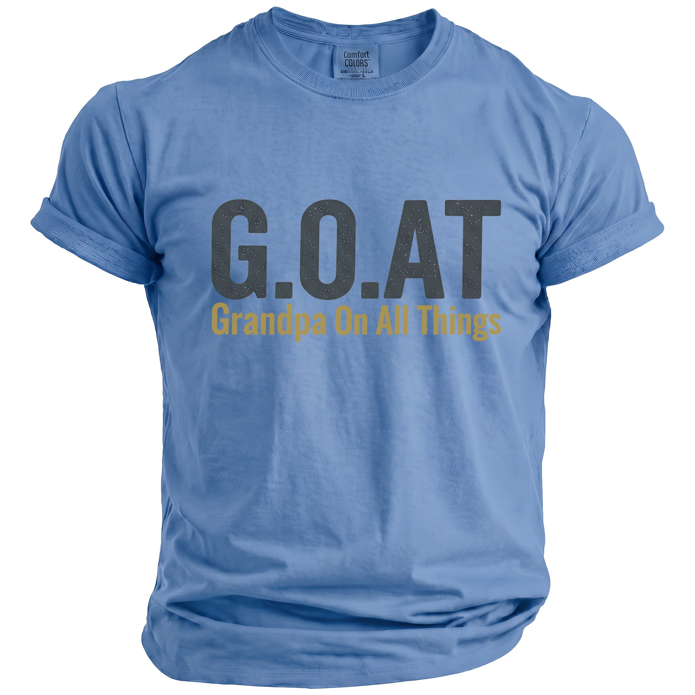 Blue t-shirt with text "G.O.A.T Grandpa On All Things".