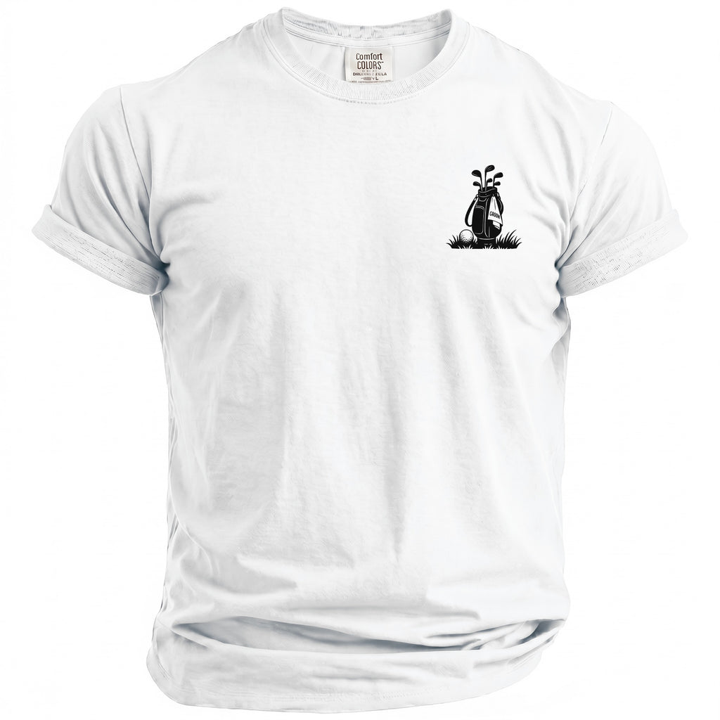 White t-shirt with black golf bag, clubs, and ball graphic on left chest.