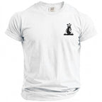 White t-shirt with black golf bag, clubs, and ball graphic on left chest.