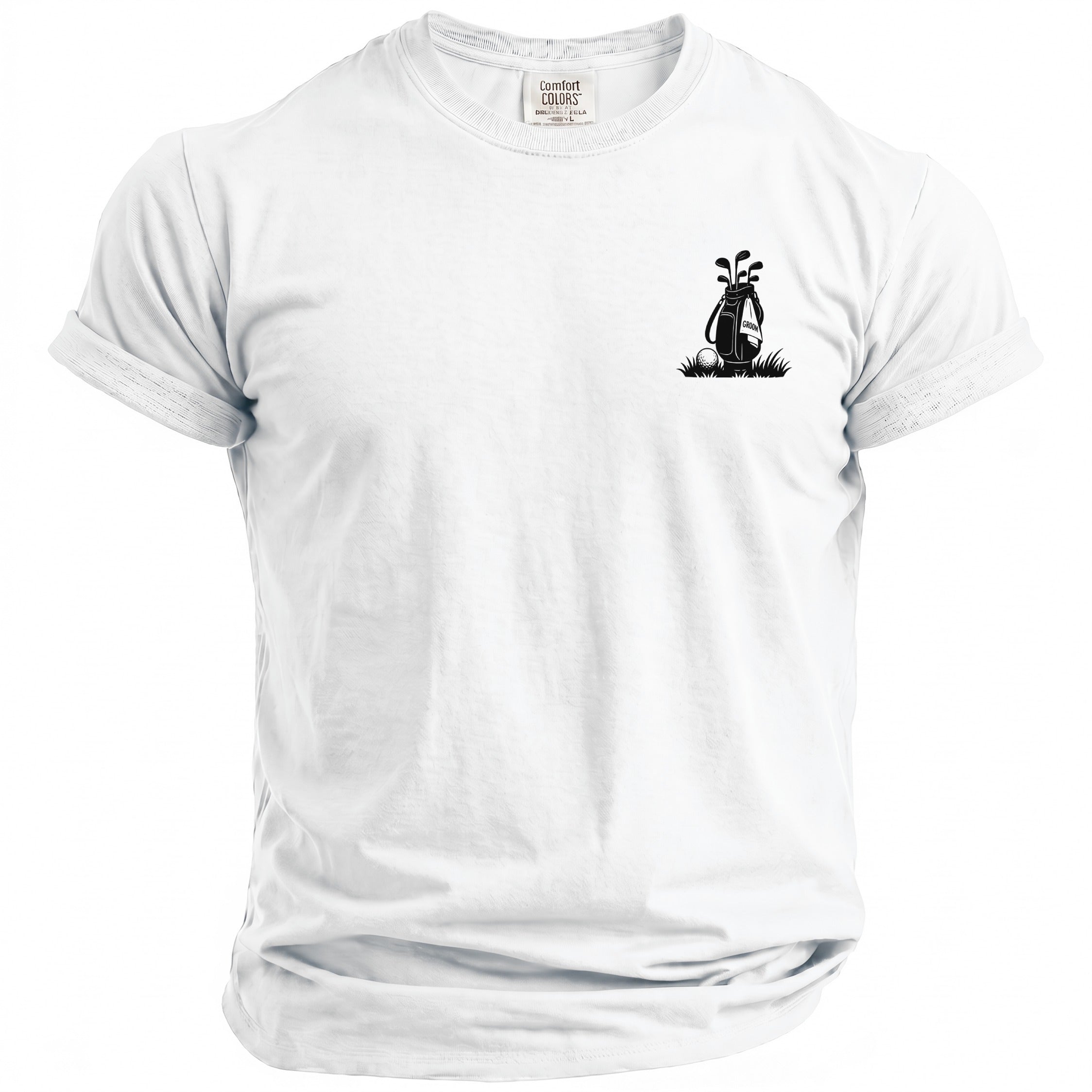 White t-shirt with black golf bag, clubs, and ball graphic on left chest.