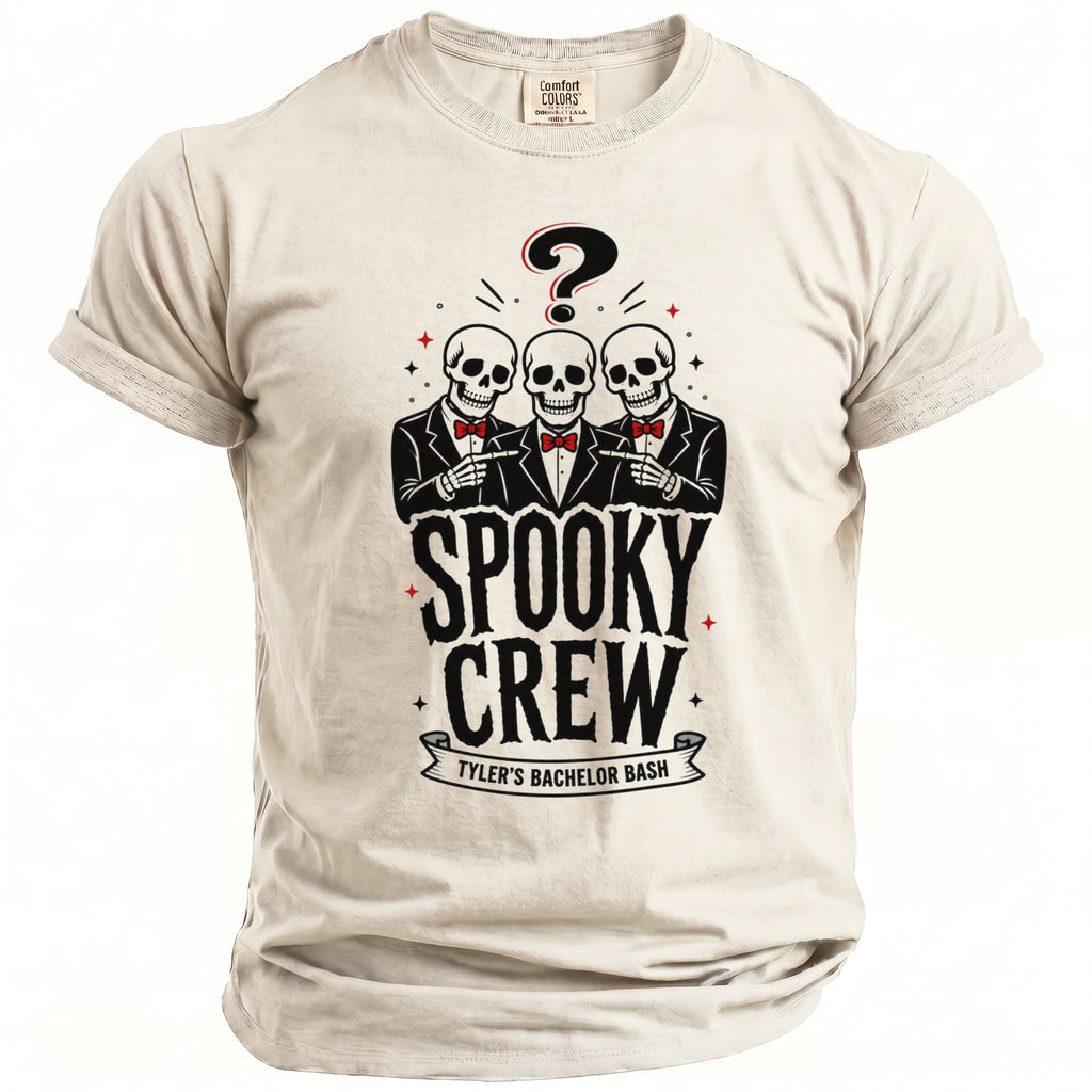 T-shirt with three skeletons in suits and bowties celebrating Tyler's Bachelor Bash.
