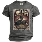 Gray t-shirt with "Mob Boss Before the Ring" graphic of a man with cigar and drink.
