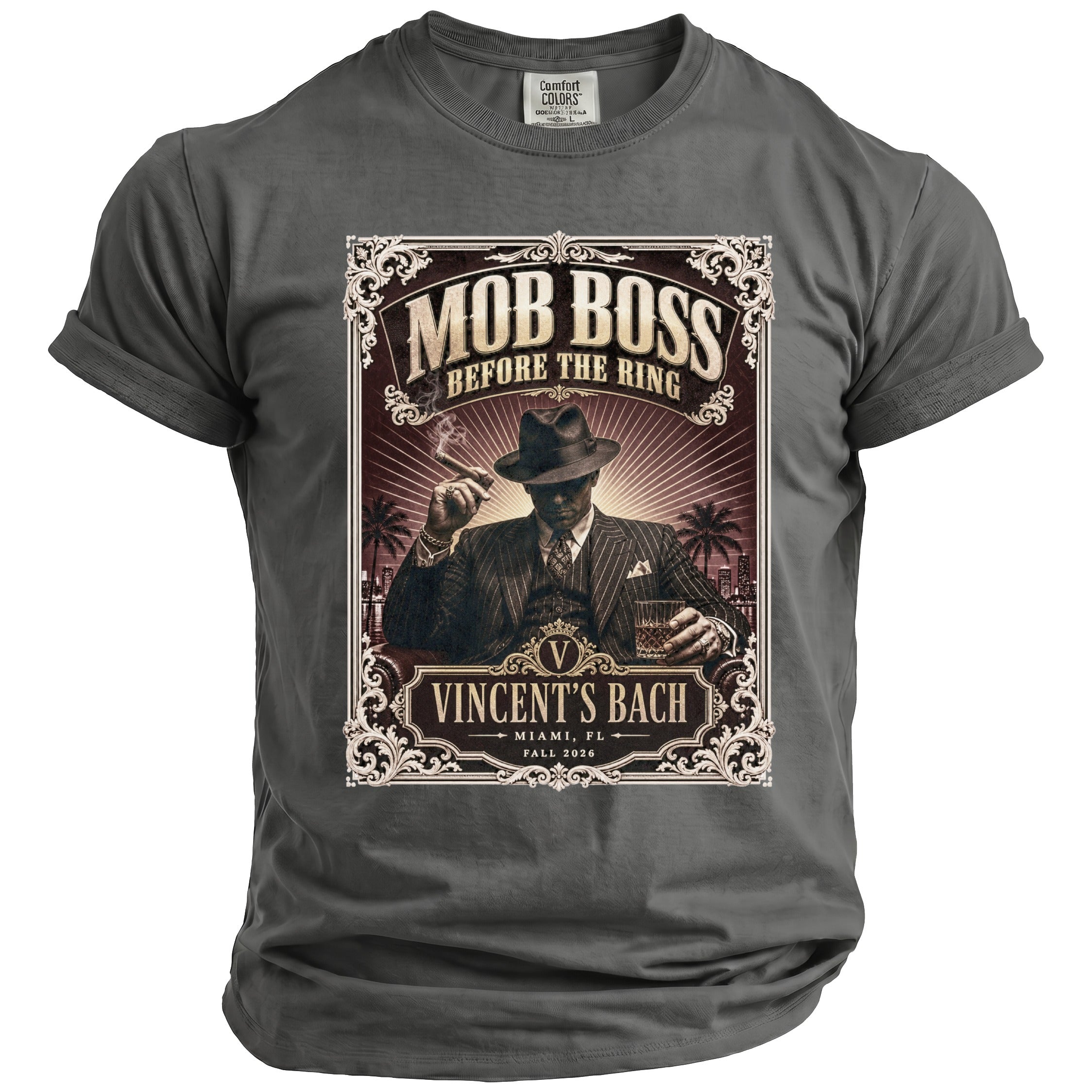 Gray t-shirt with "Mob Boss Before the Ring" graphic of a man with cigar and drink.