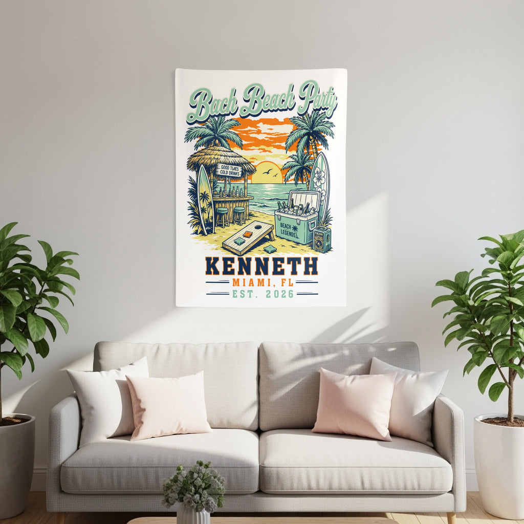 Beach Party artwork with "KENNETH MIAMI, FL EST. 2026" text.