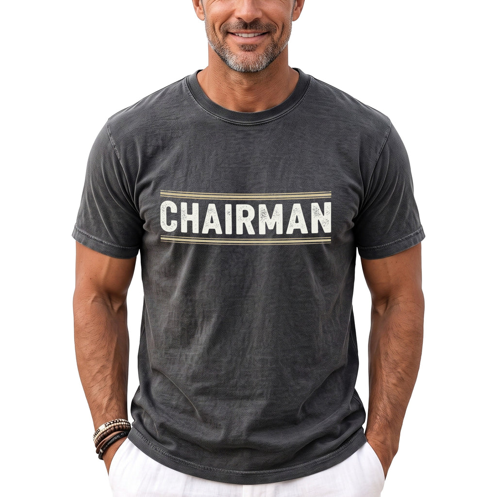 Dark gray t-shirt with "CHAIRMAN" text and horizontal stripes on the chest.