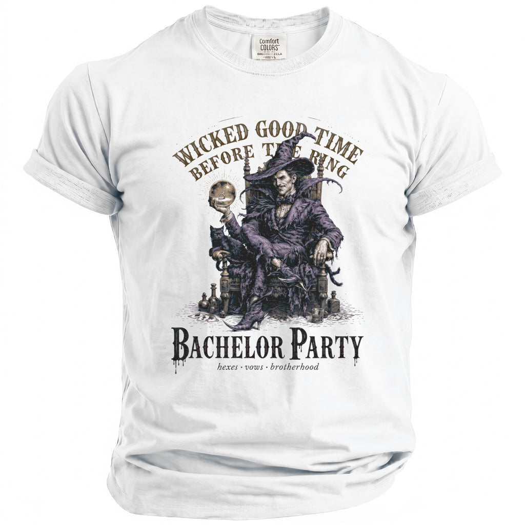 White t-shirt with a witch holding a ring and text "Bachelor Party".