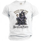 White t-shirt with a witch holding a ring and text "Bachelor Party".