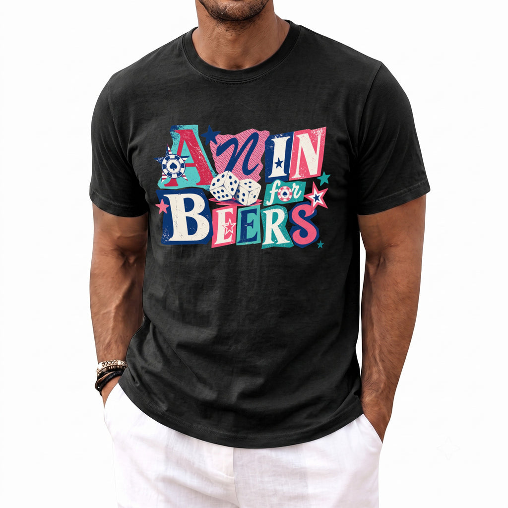 Black t-shirt with colorful "All In for Beers" graphic featuring dice and a soccer ball.