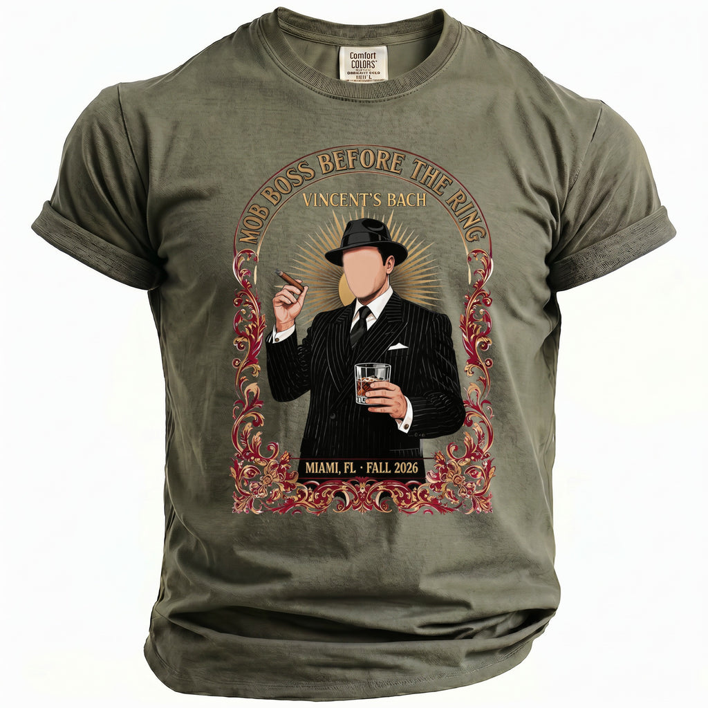 Olive t-shirt with a graphic of a man with a cigar and drink, "Mob Boss Before The Ring Vincent's Bach" text.