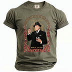 Olive t-shirt with a graphic of a man with a cigar and drink, "Mob Boss Before The Ring Vincent's Bach" text.