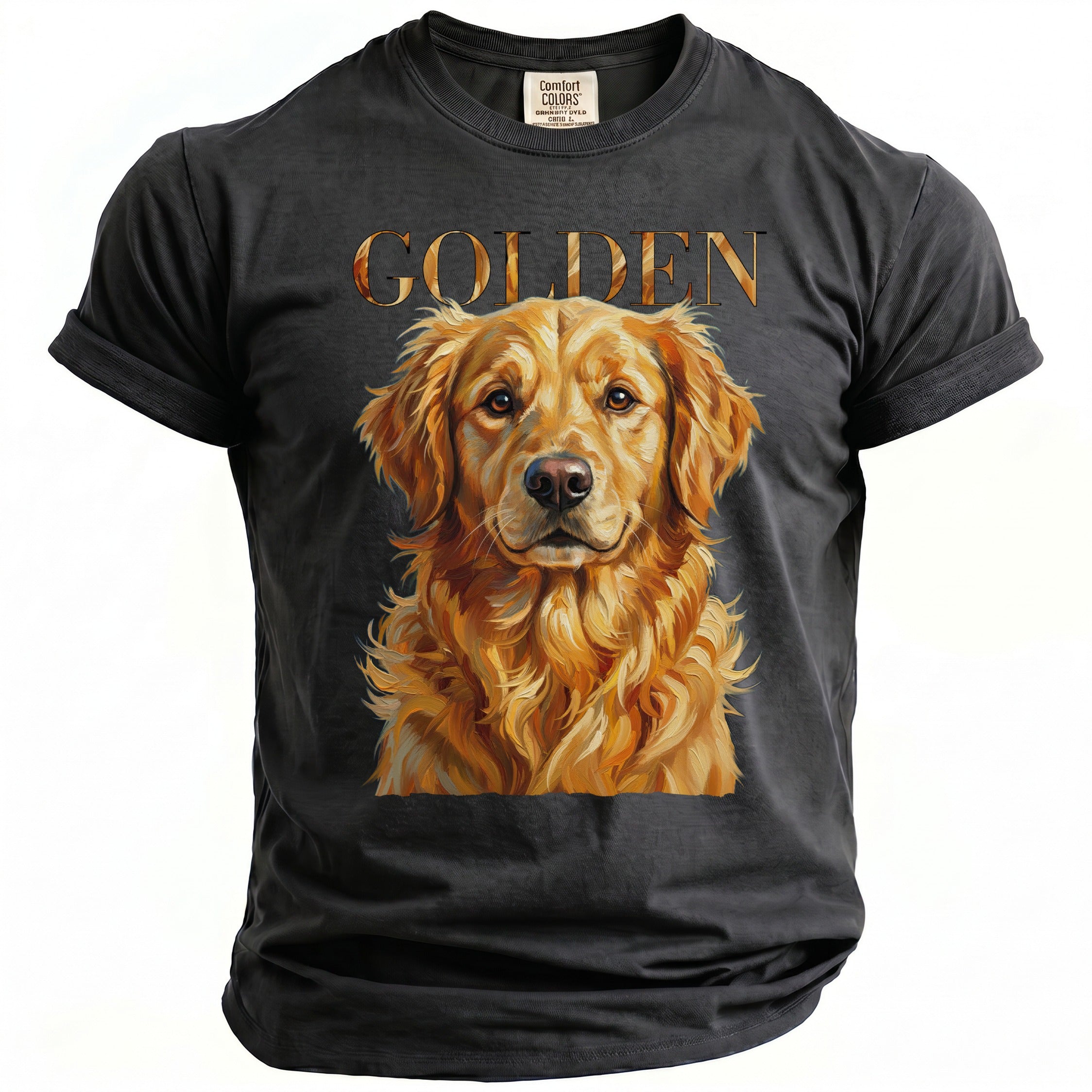 Dark grey t-shirt featuring "GOLDEN" text above a golden retriever portrait.