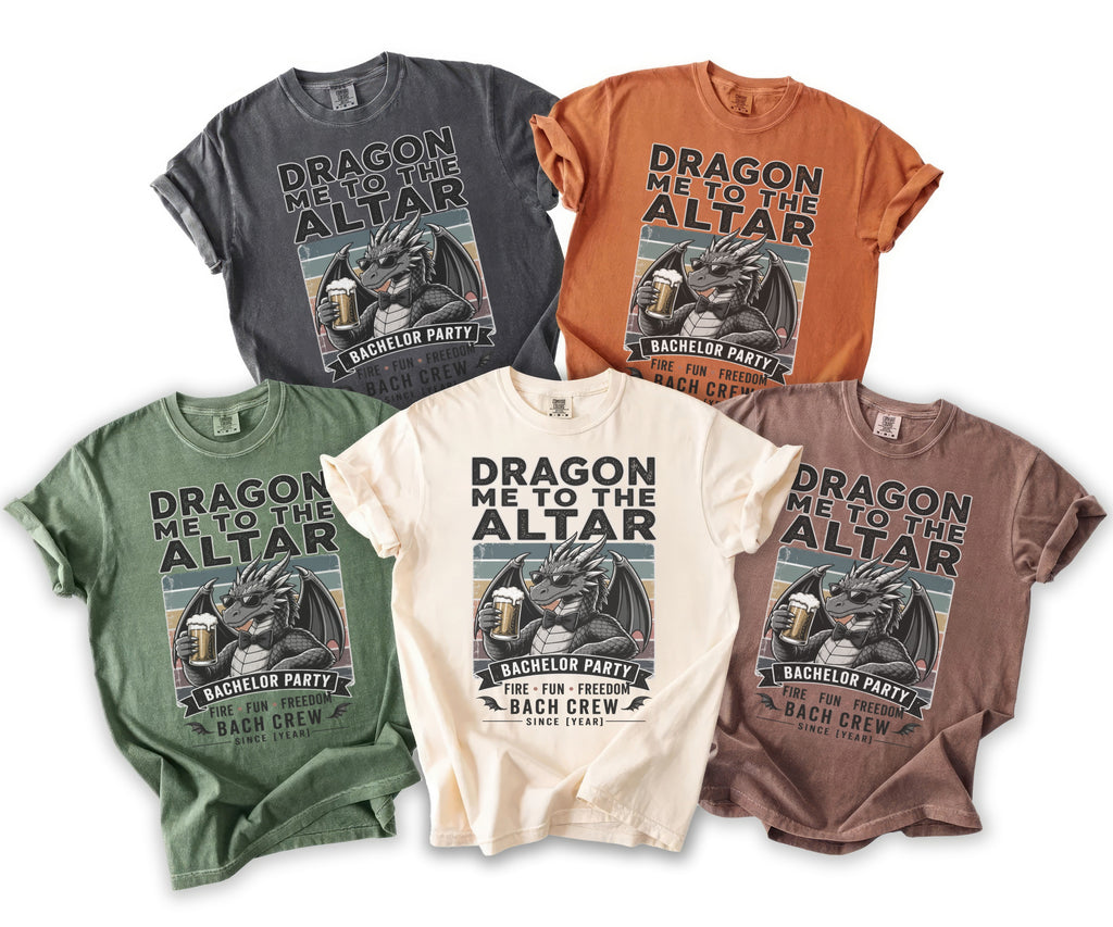 T-shirts with a dragon wearing sunglasses and holding a beer, saying "Dragon Me to the Altar."