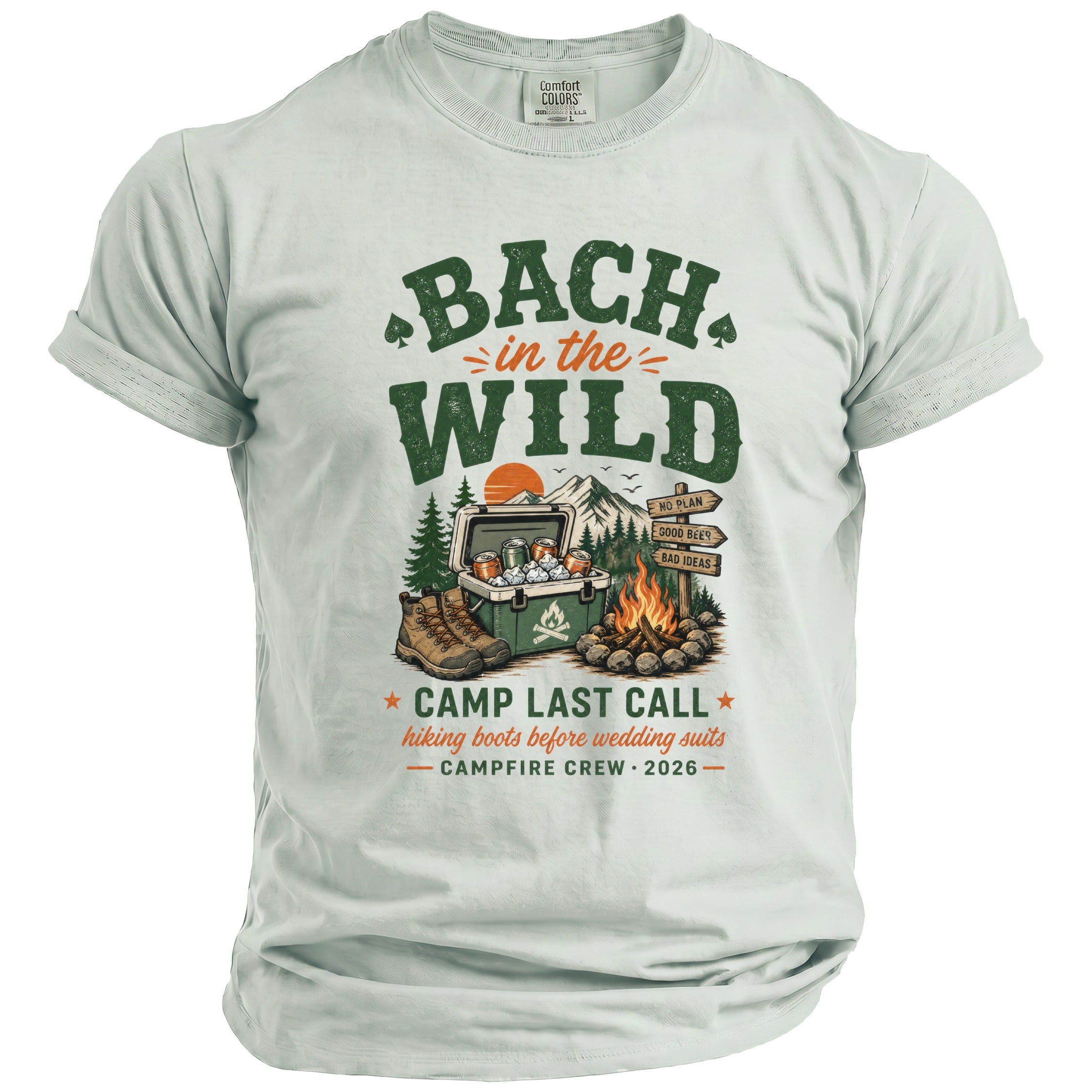 T-shirt with text "Bach in the Wild," campfire, cooler, and boots.