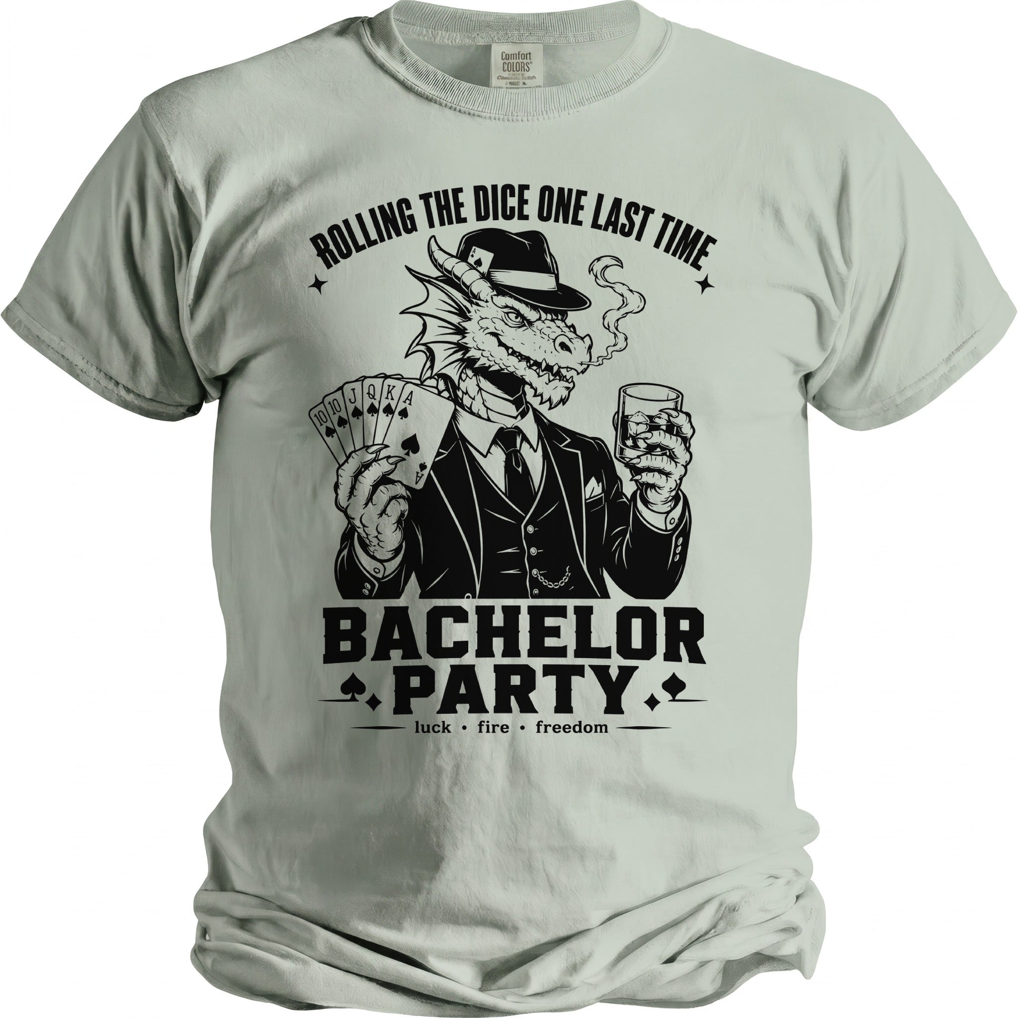 Dragon in a suit at a bachelor party, holding cards and a drink.