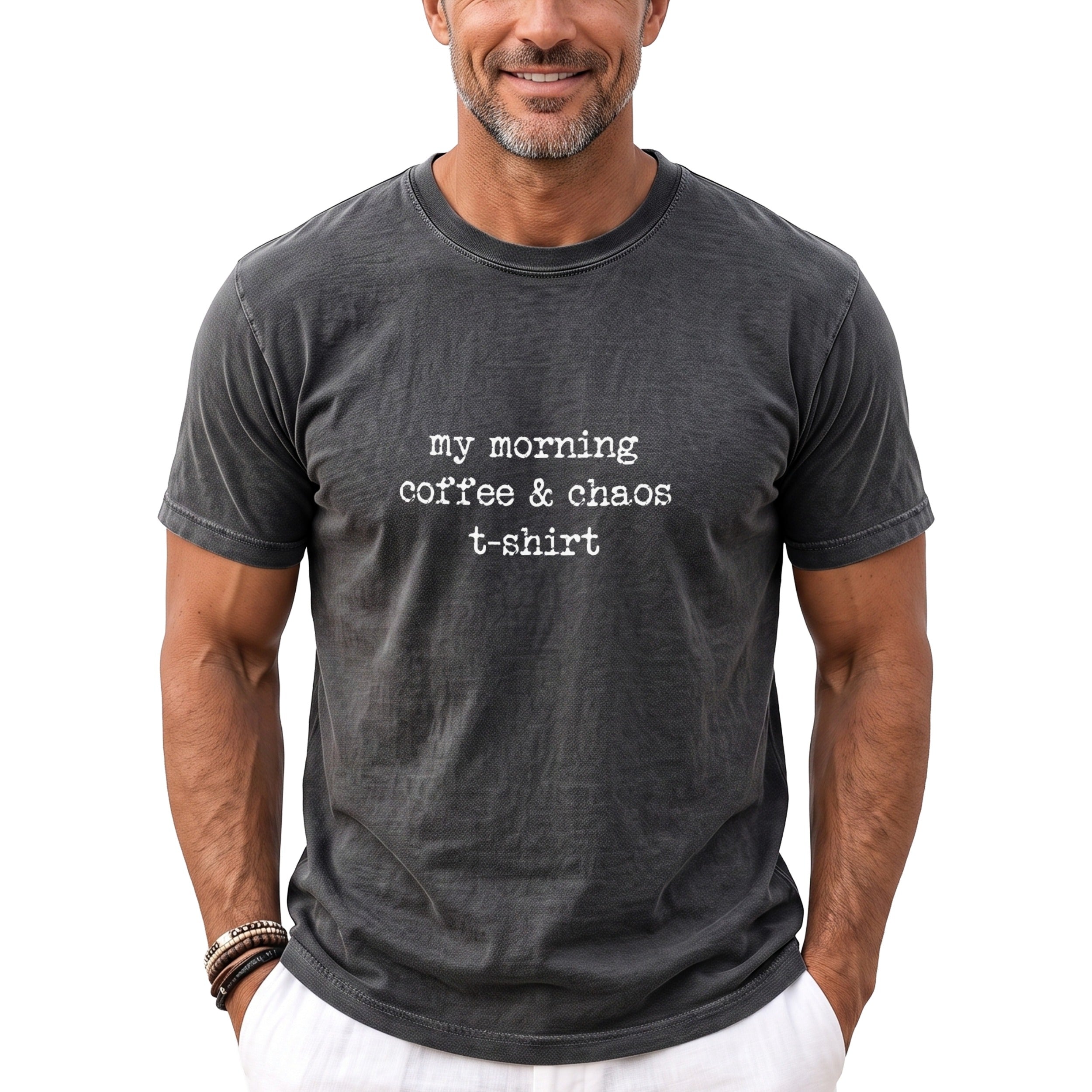 Dark grey t-shirt with white text "my morning coffee & chaos t-shirt".