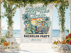 Dragon Me to the Altar Bachelor Party banner with a dragon and groomsmen on a cart.