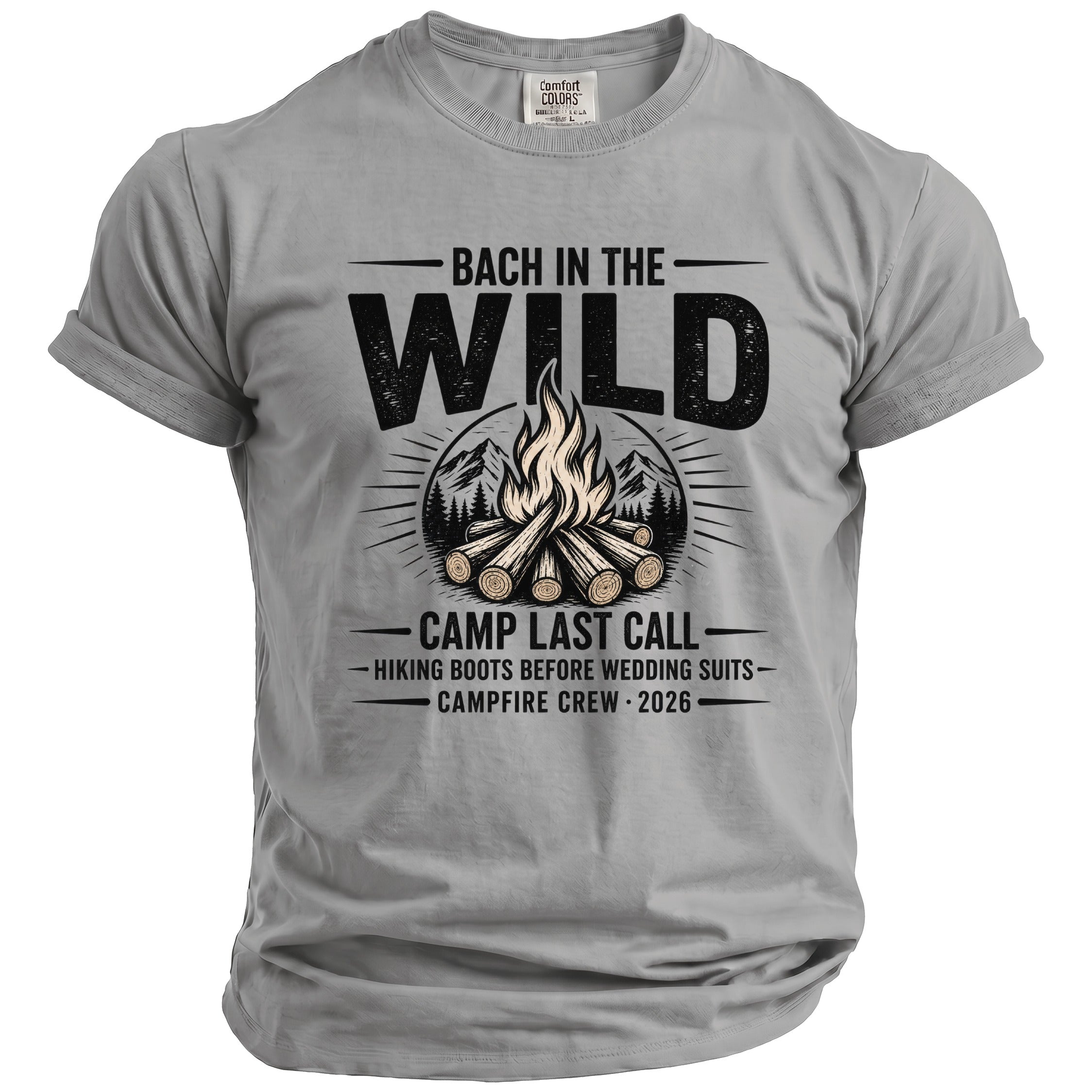 Grey t-shirt with "Bach in the Wild" graphic, campfire, and text.