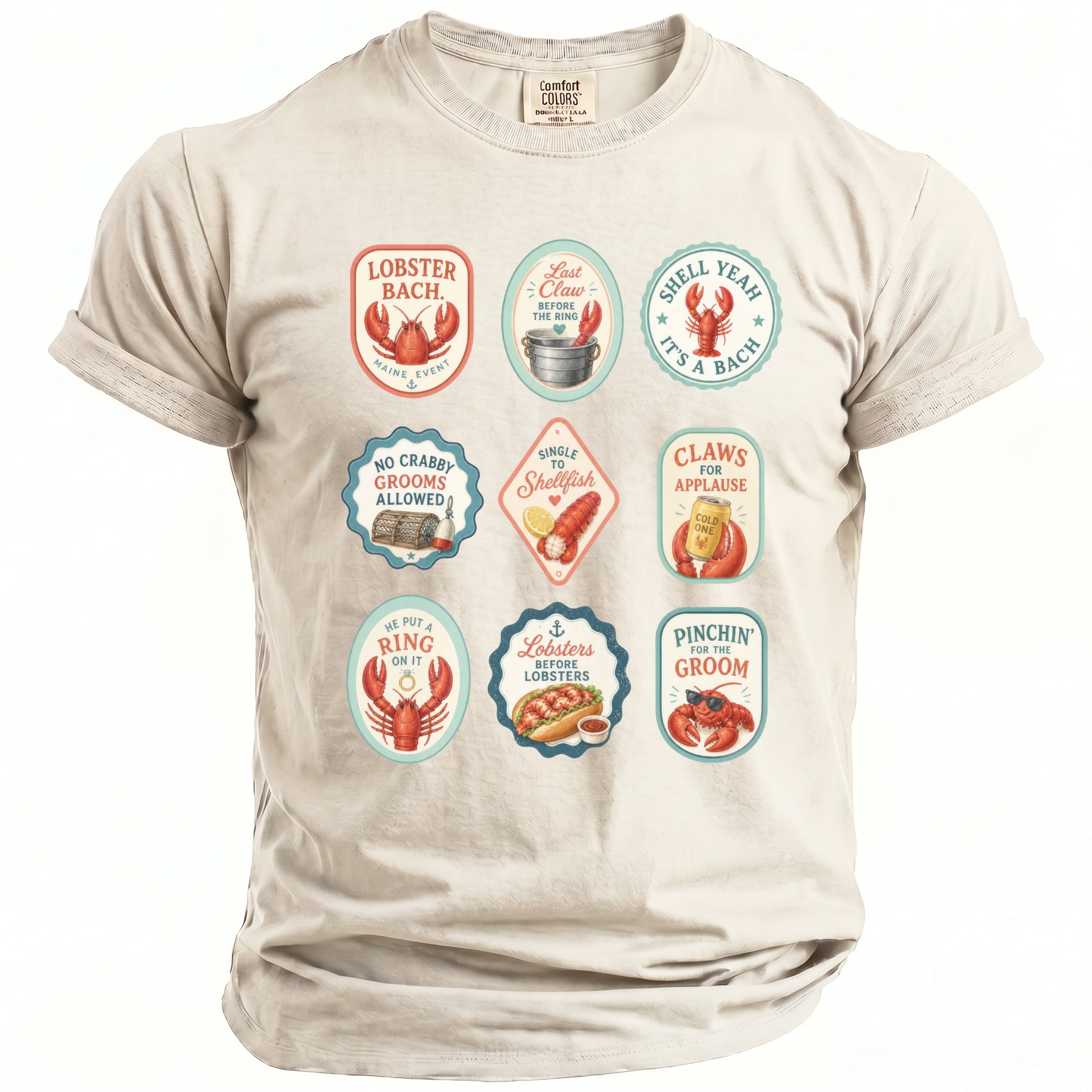 Light cream t-shirt with nine oval graphics featuring lobsters and nautical themes.