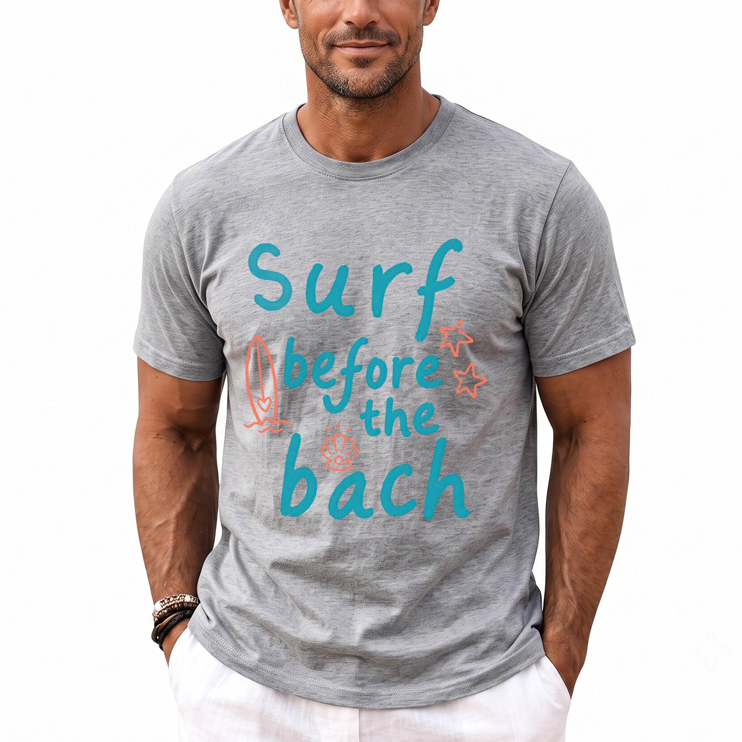 Gray t-shirt with "surf before the bach" text and beach graphics.