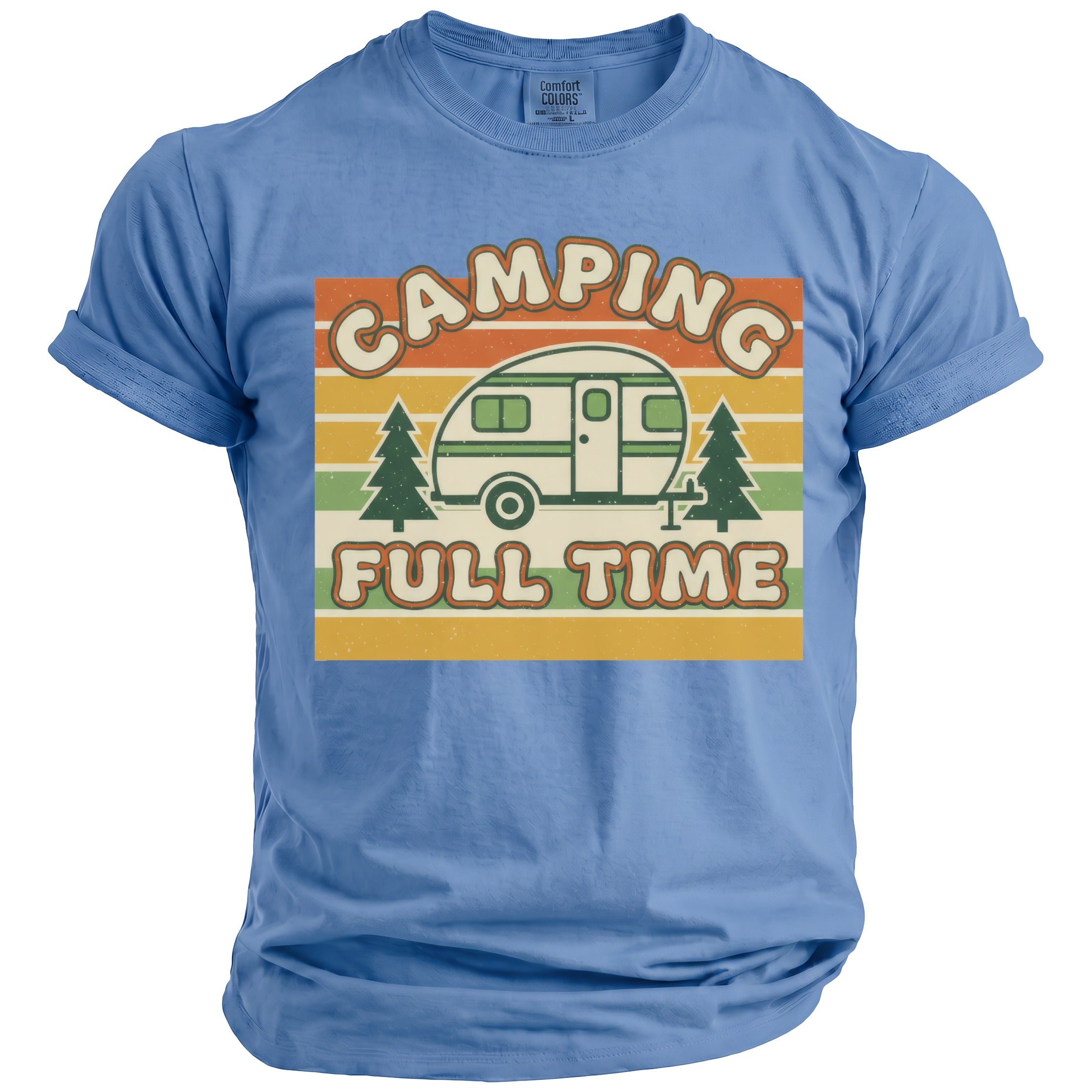 Blue t-shirt with retro "Camping Full Time" graphic featuring a camper and trees.