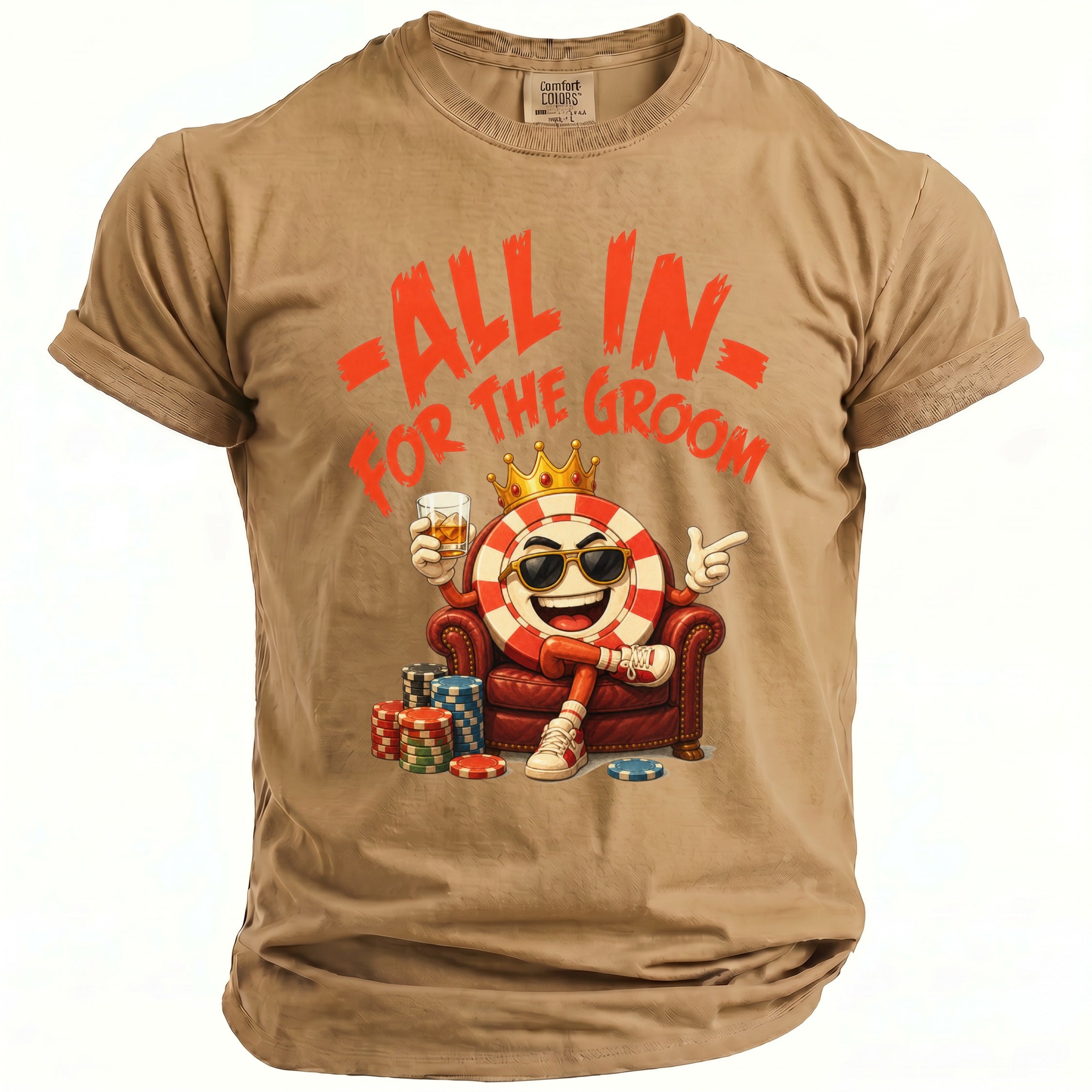 Tan t-shirt with "All In For The Groom" text and cartoon poker chip character.
