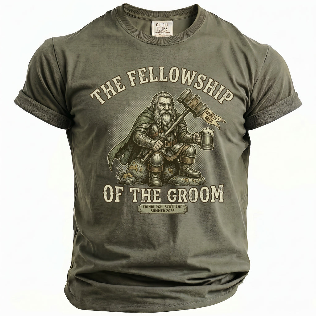 T-shirt with graphic of armored dwarf holding hammer and mug, text "The Fellowship of the Groom"