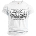 White t-shirt with "Dragon My Ass To The Altar Bachelor Party" graphic.