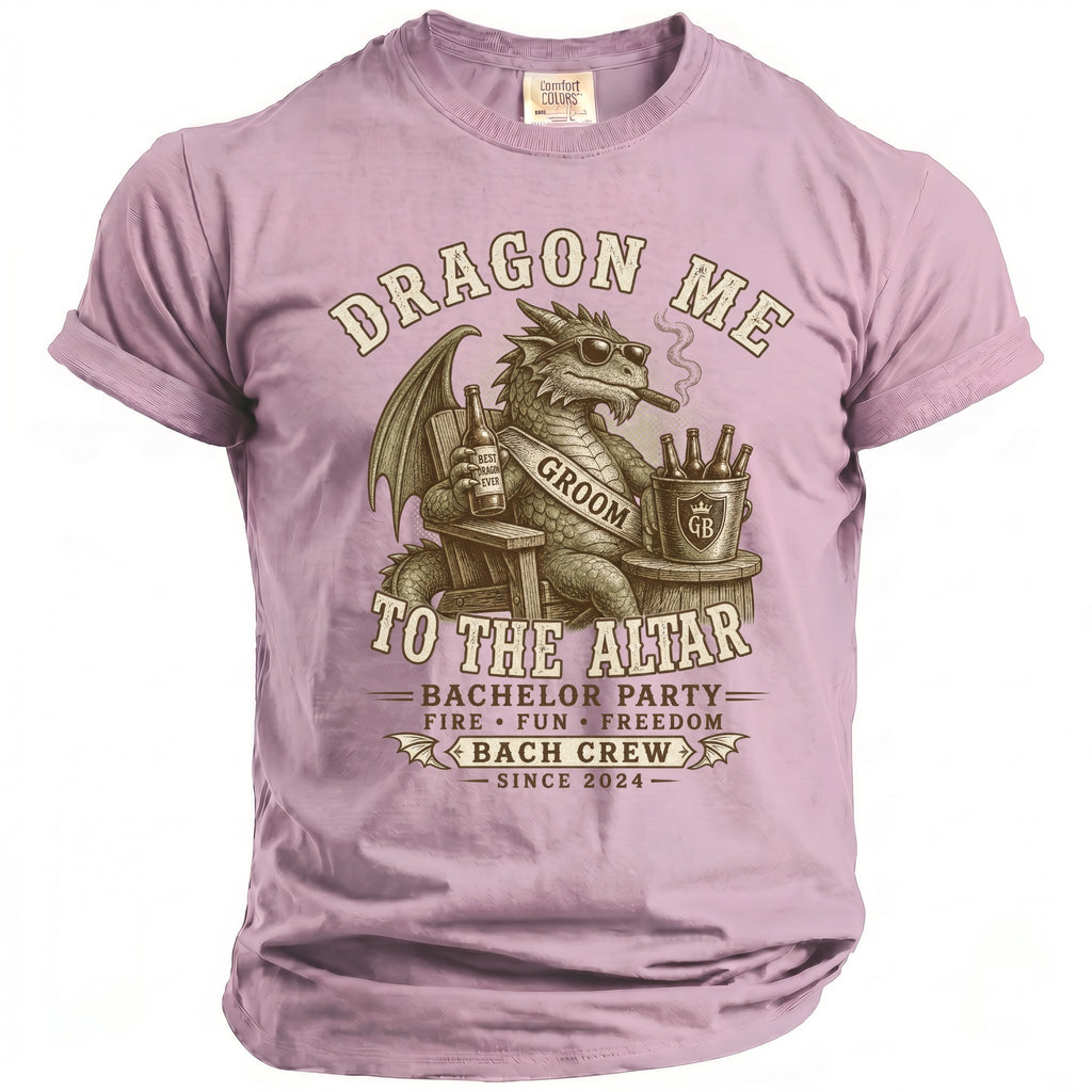 Dragon graphic with text "Dragon Me To The Altar" and "Bachelor Party" on a lavender t-shirt.
