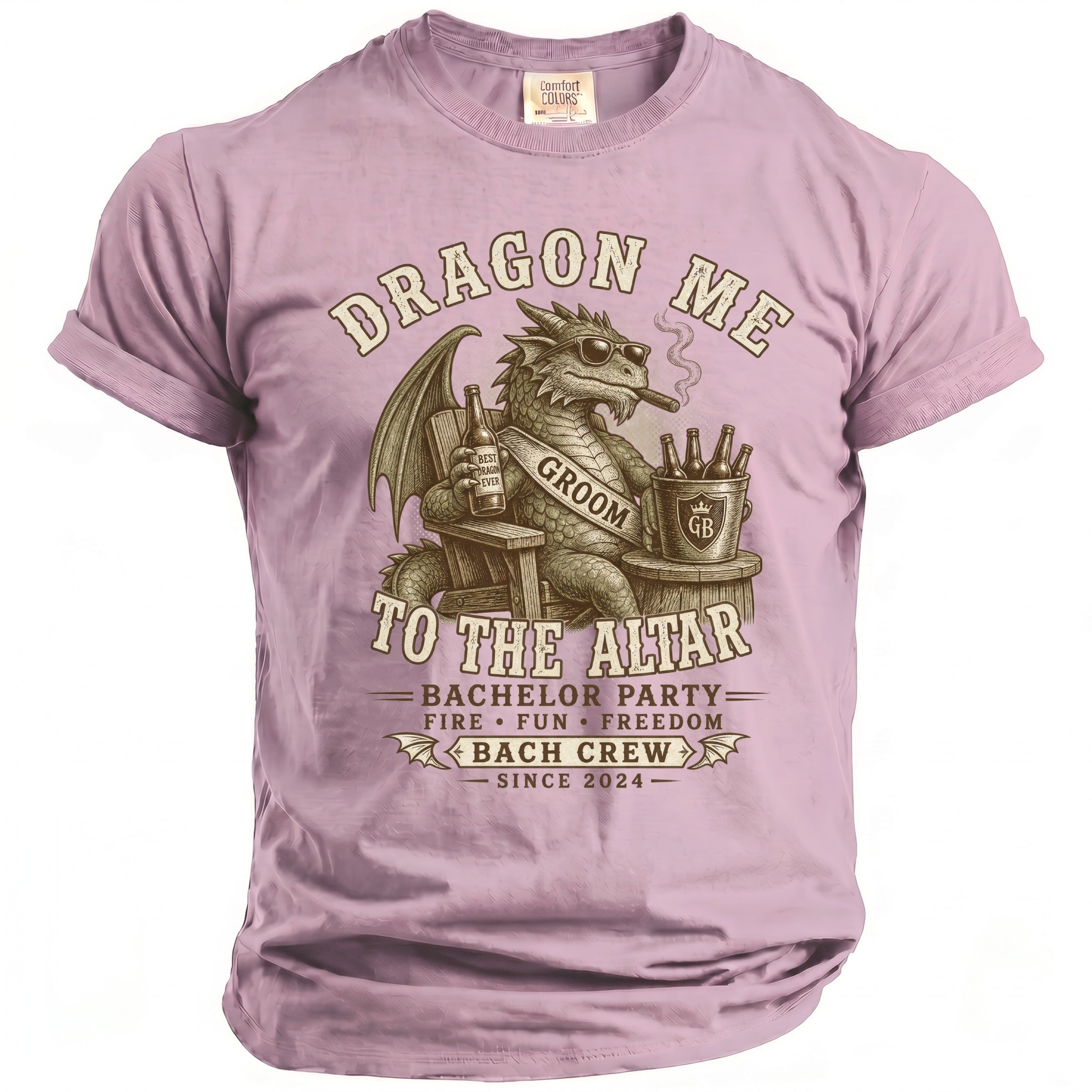 Dragon graphic with text "Dragon Me To The Altar" and "Bachelor Party" on a lavender t-shirt.