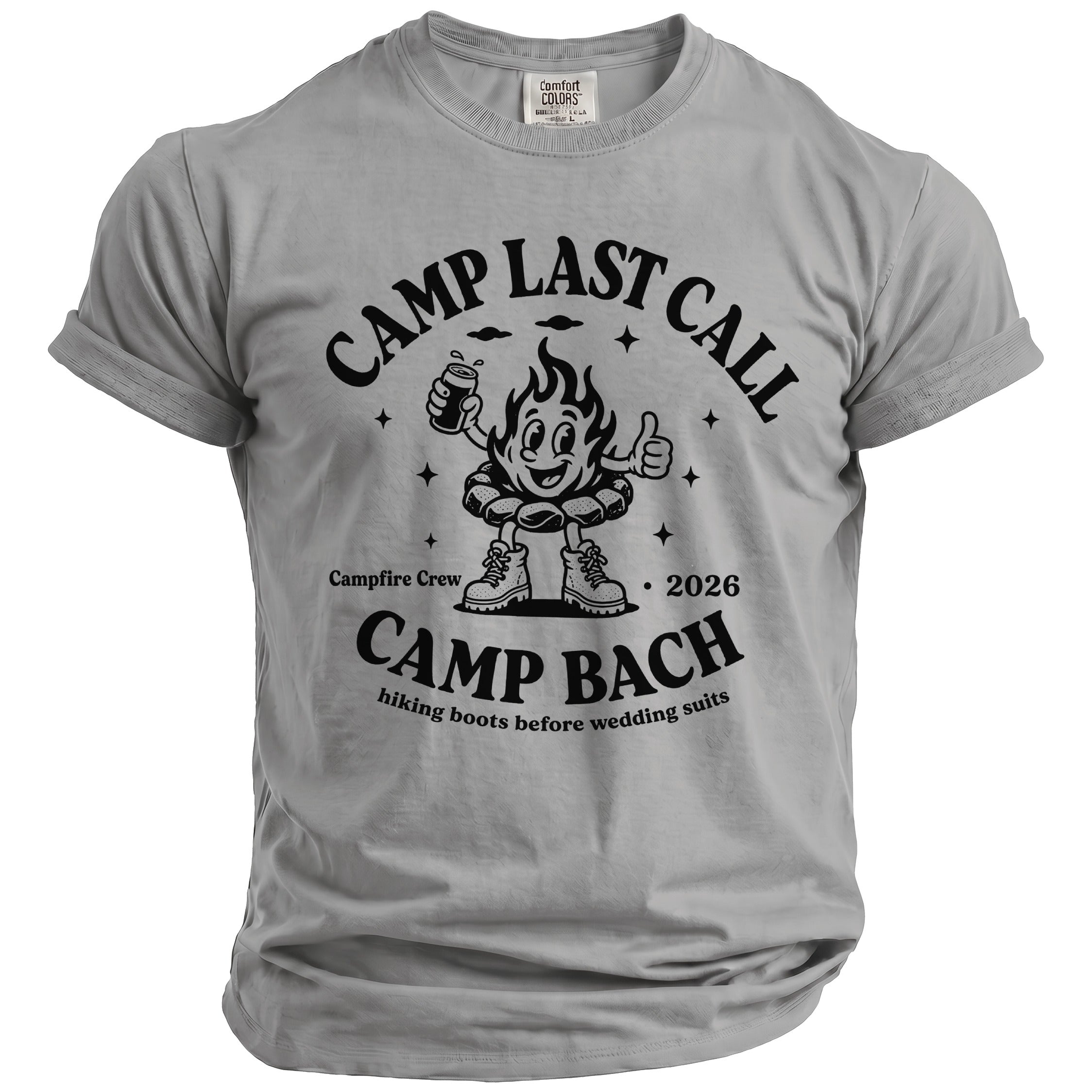 A grey t-shirt featuring a retro black graphic of a cartoon campfire holding a beverage.
