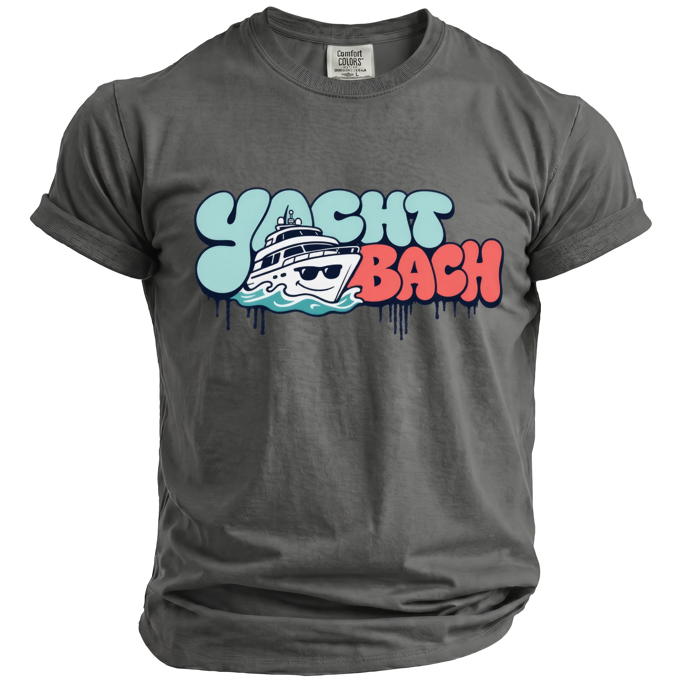 Gray t-shirt with a cartoon yacht and "YACHT BACH" text graphic.