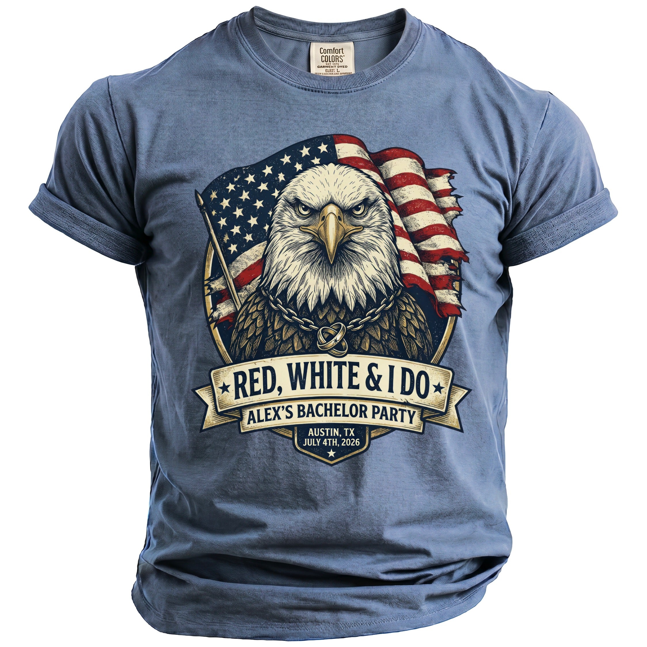 Blue t-shirt with an eagle, American flag, and "Red, White & I Do" text.