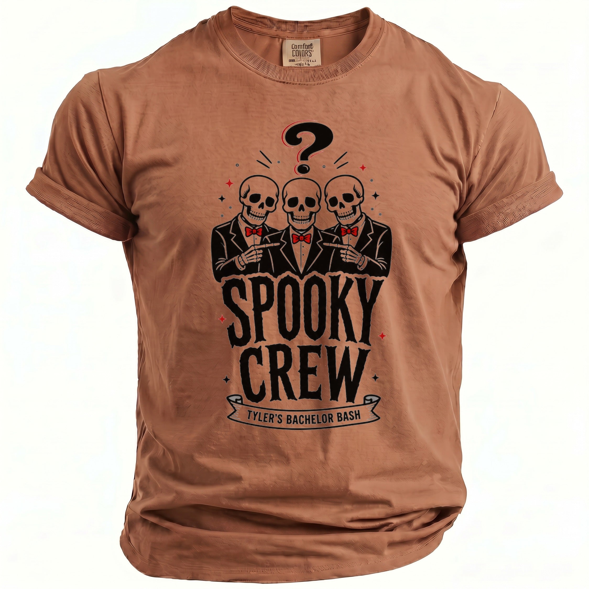 Brown t-shirt with Skulls and "Spooky Crew Tyler's Bachelor Bash" graphic.