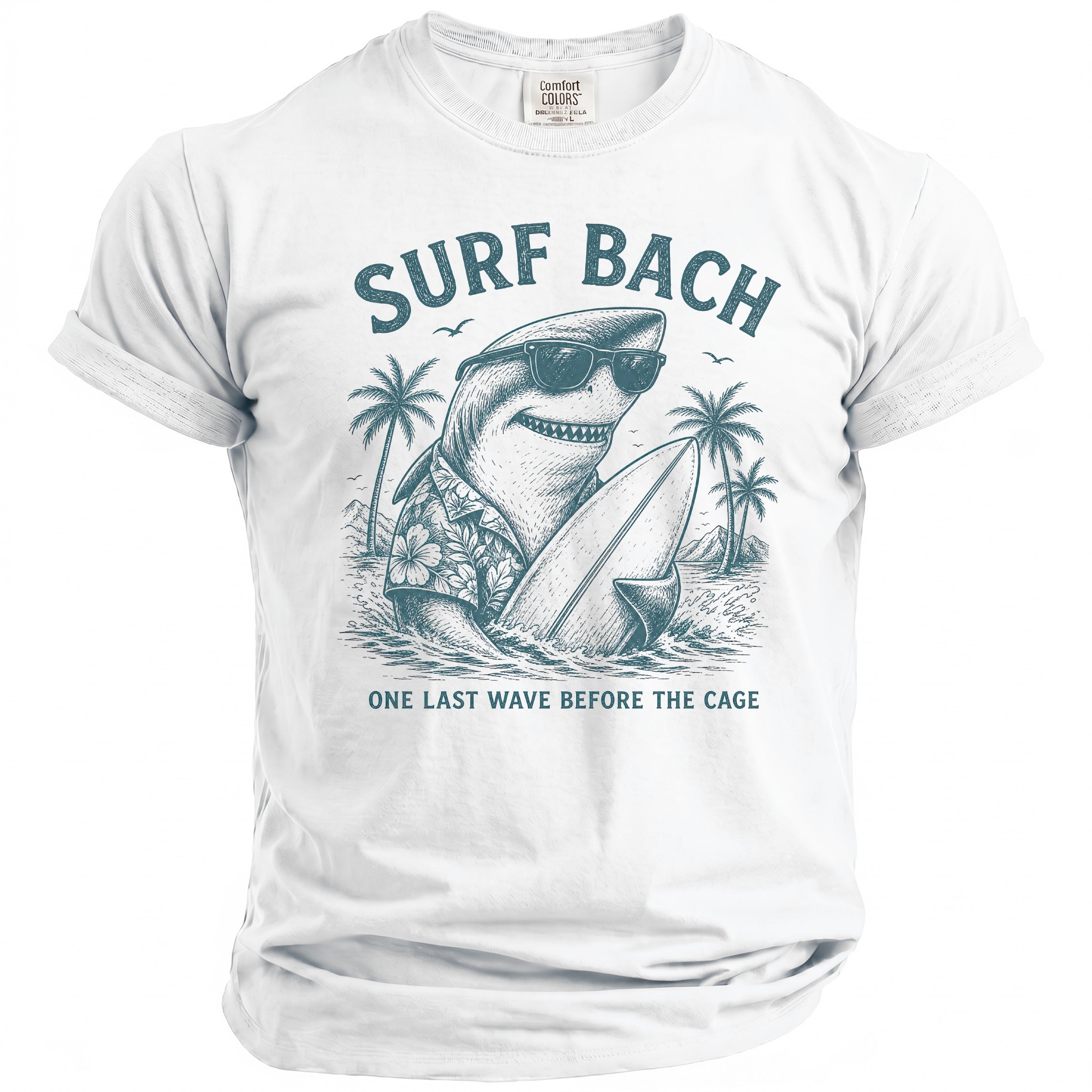 White t-shirt with a drawing of a shark in sunglasses holding a surfboard, with text "SURF BACH".