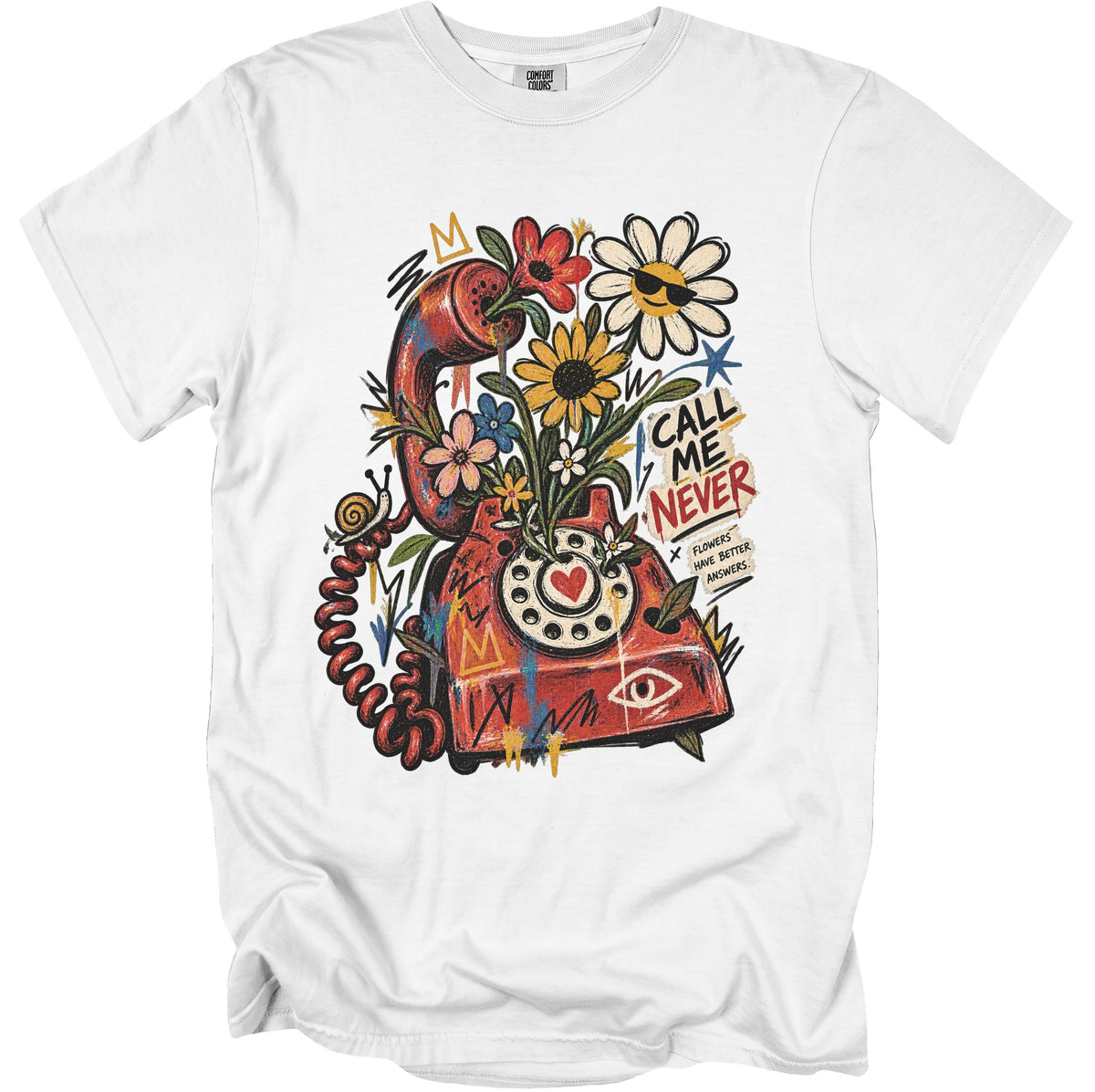 Red rotary phone with flowers and text "CALL ME NEVER".