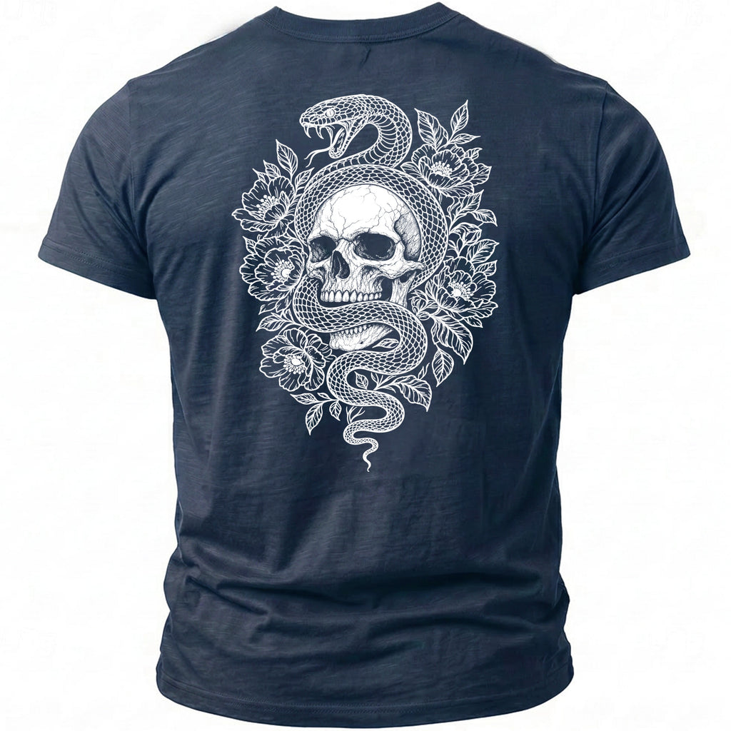 Dark blue t-shirt with white snake and skull design surrounded by flowers.