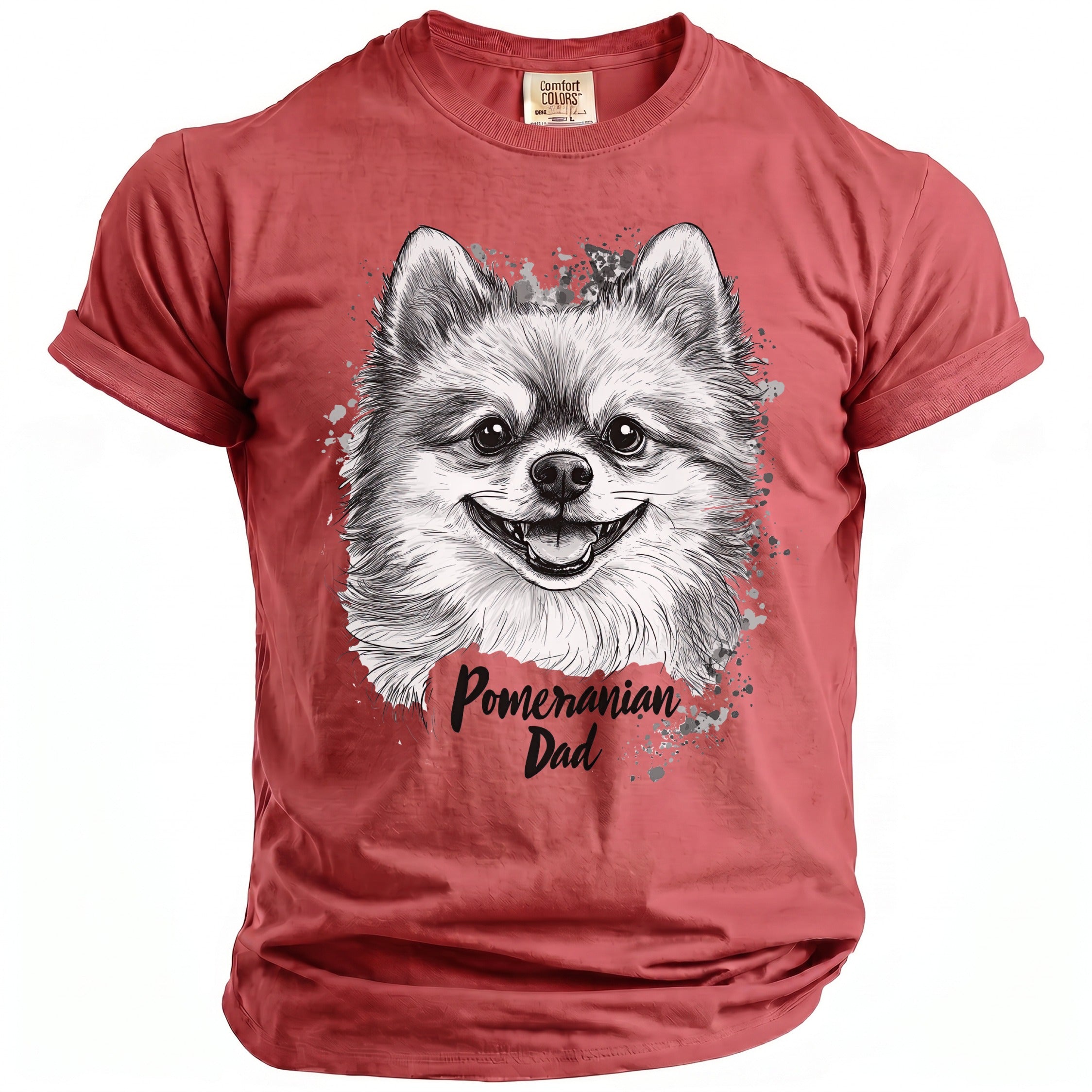 Red t-shirt with a sketch of a happy Pomeranian dog and the text "Pomeranian Dad".