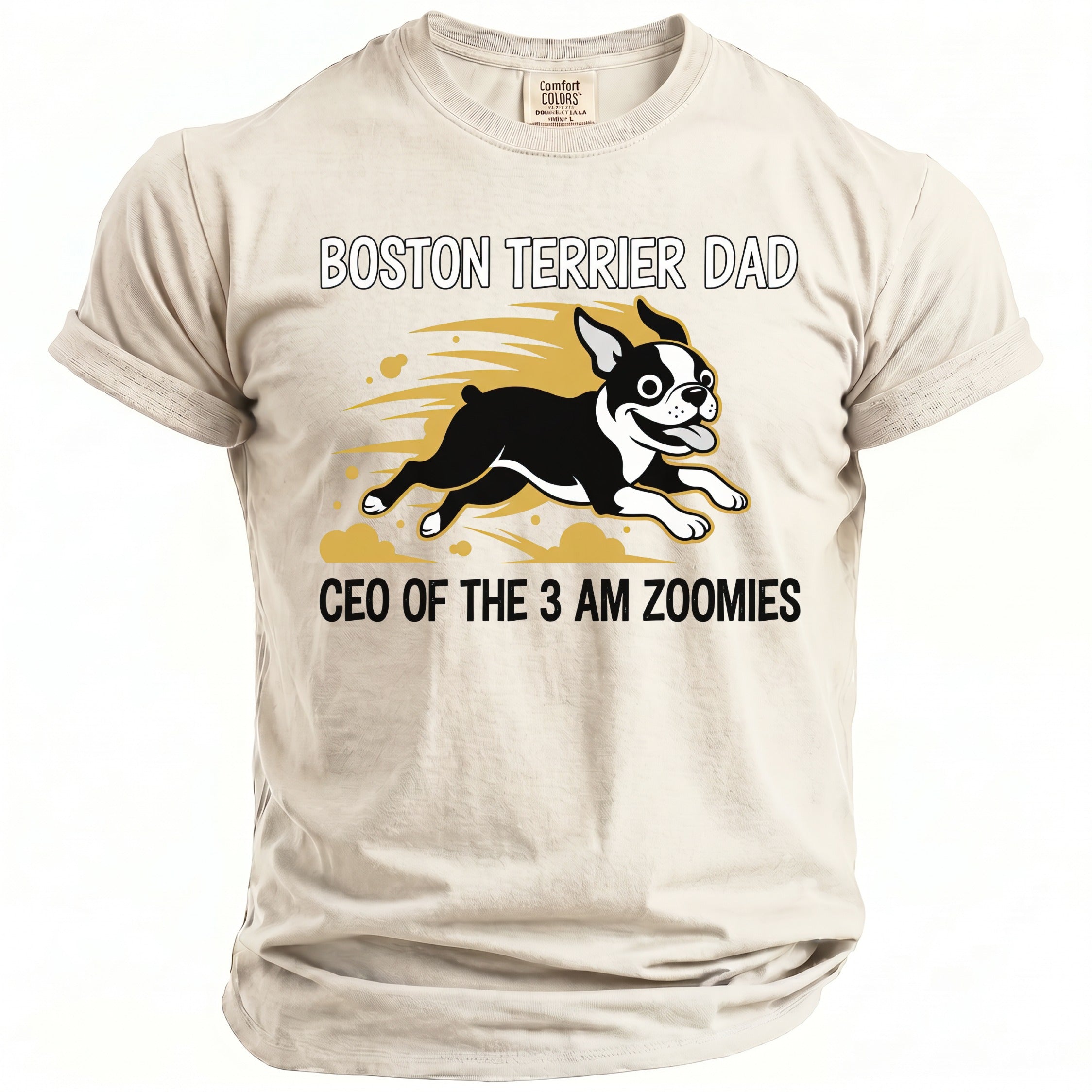 Boston Terrier Dad shirt with graphic of dog running and text "CEO of the 3 AM Zoomies".