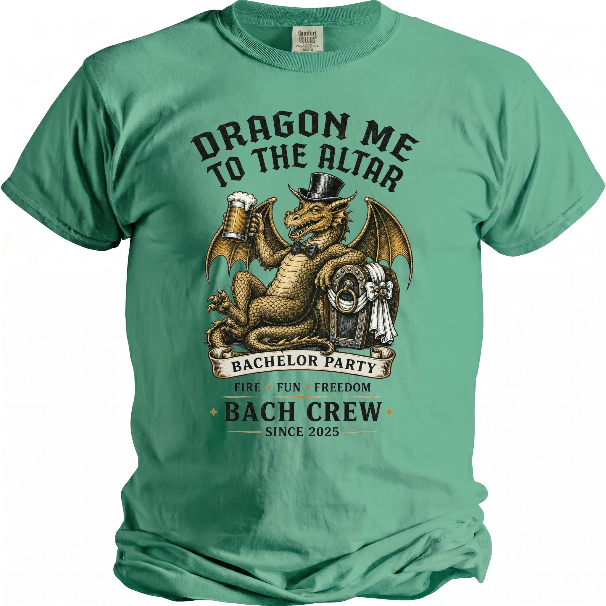Green t-shirt with a dragon holding beer, wearing a top hat, and text: Dragon Me to the Altar.