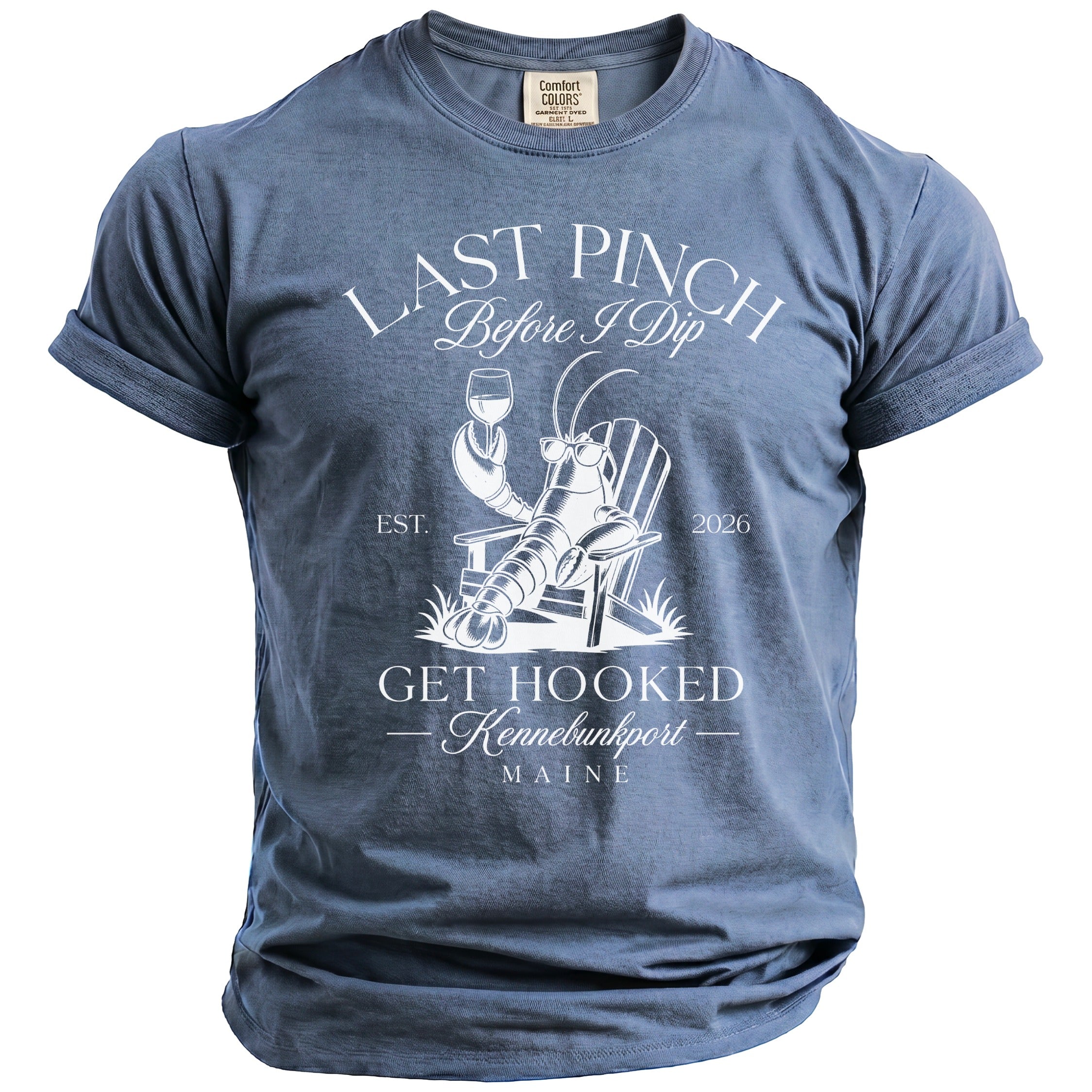 Blue t-shirt with lobster graphic and text "Last Pinch Before I Dip."